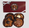 Large Pecan Octopus Snappers | 4 Piece Box - The original Chocolate Octopus and our version of the "Turtle."  This assortment contains four large pecan Snappers in milk, dark or white chocolate.  All Snappers are made with our very fresh caramel.  The four large Snappers are packed in a gift box with decorative cord.